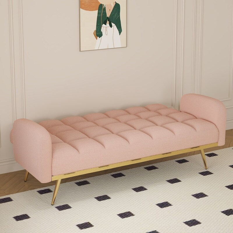 Pink Teddy Velvet Sofa Bed with Throw Pillows I30030