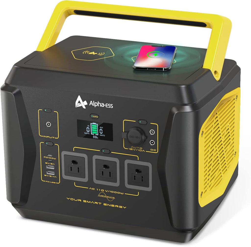 Portable Power Station with 1036Wh Capacity 3x110V Pure Sine Wave AC Outlet USB PD100W Wireless Charging LED Surface Light E9307
