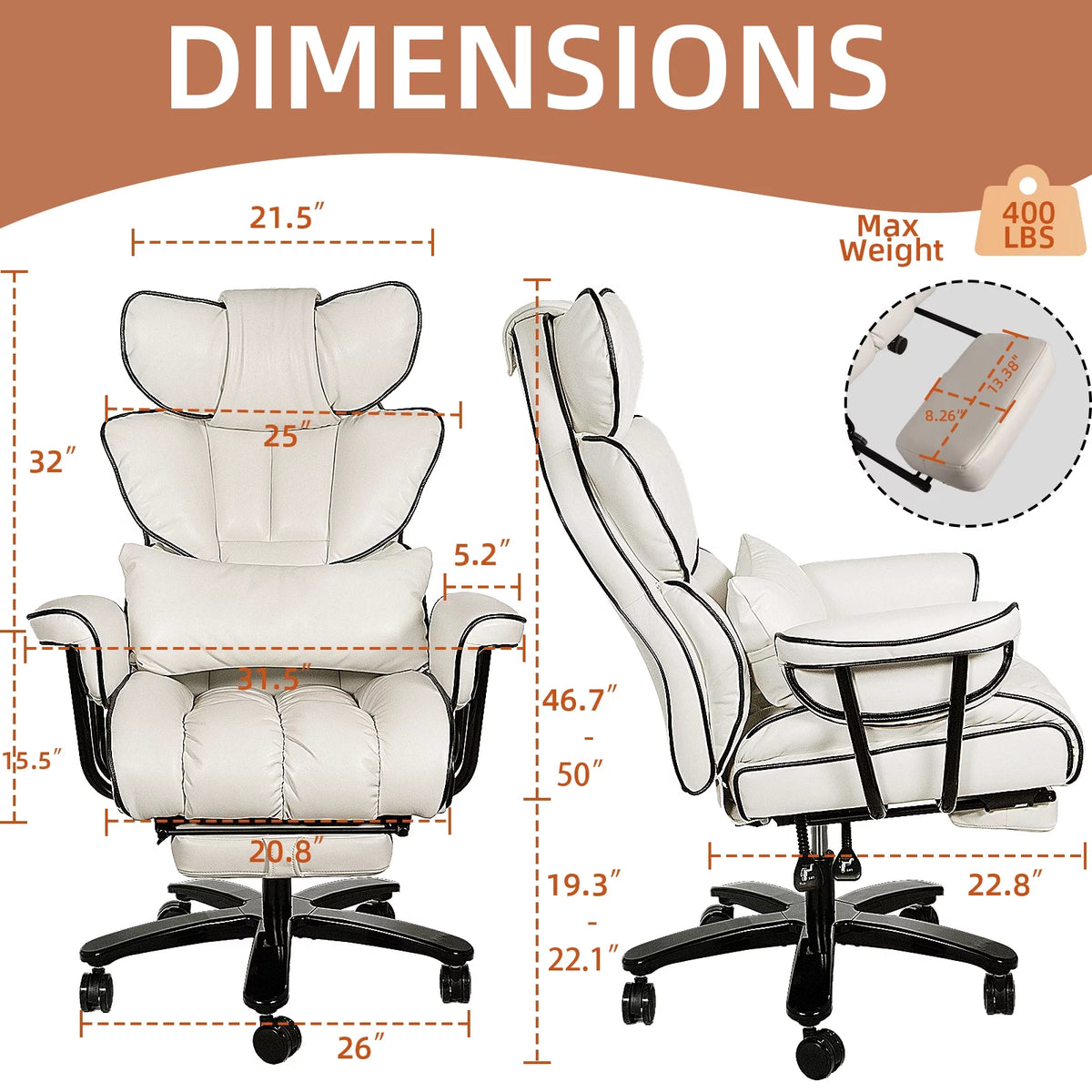 Big and Tall Ergonomic PU Leather Reclining Office Chair with Footrest G68429