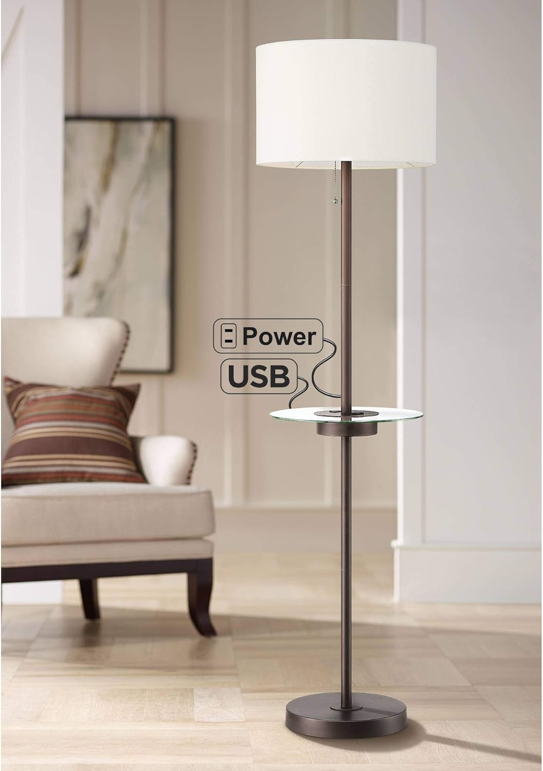 Modern Contemporary Floor Lamp with Tray USB and AC Power Outlet Glass Satin Nickel White Fabric Drum Shade X941