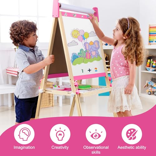 Adjustable Wooden Kids Art Easel with White Board and Chalk Board X903