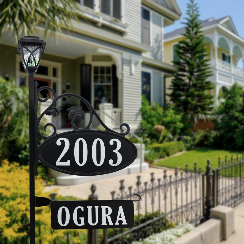 Handcrafted Oval Reflective Home Address Sign with Name Rider and Solar Light B487