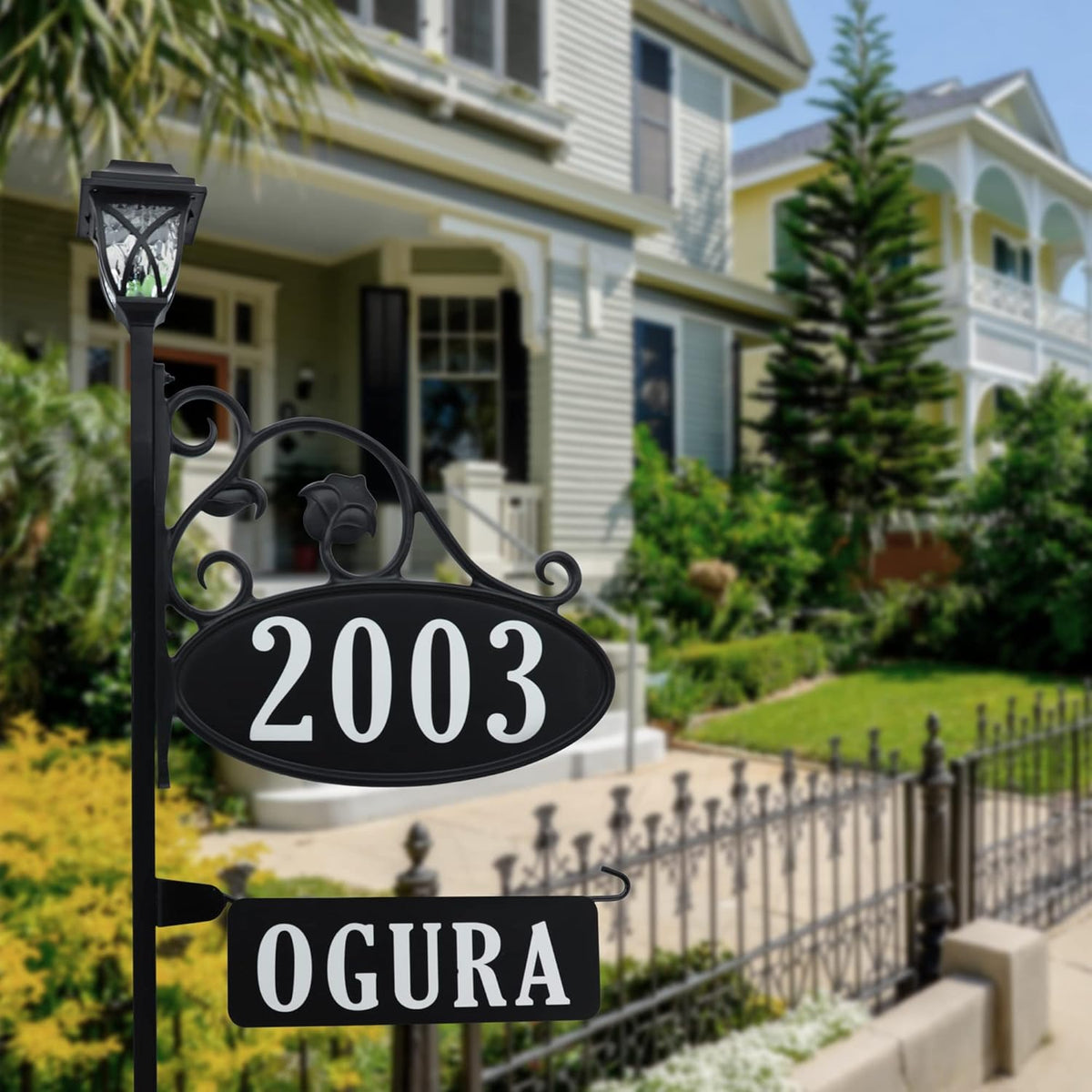 Handcrafted Oval Reflective Home Address Sign with Name Rider and Solar Light B487