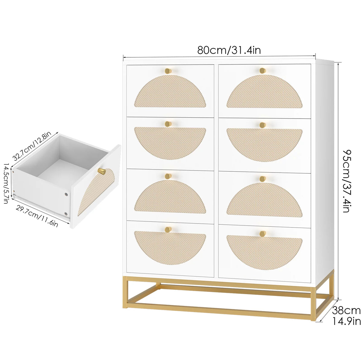 White 8 Drawer Rattan Wood Dresser Z8957