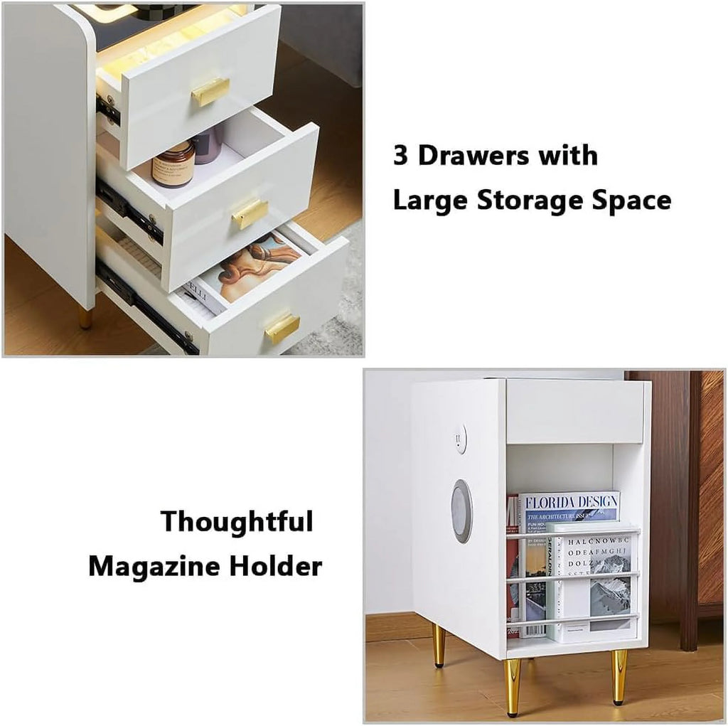 LED Nightstand with Wireless Charging Station White 3 Drawers V46853