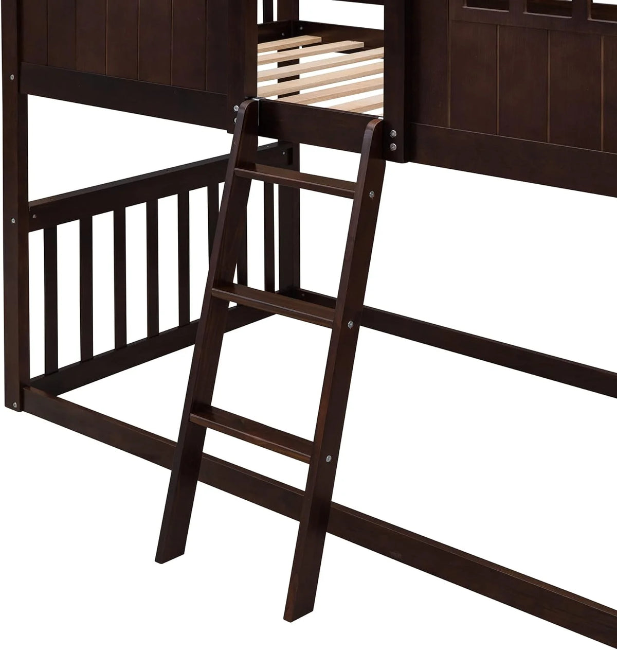 Espresso Wood House Bed with Ladder and Guard Rail D6880