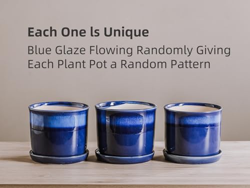 8 Inch Ceramic Planter Pot with Drainage Hole & Saucer Blue Reactive Glaze X933640