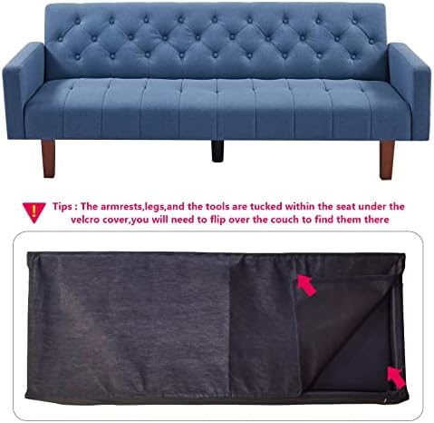 Blue Tufted Linen Convertible Futon Sofa Bed Twin Size with Solid Wood Legs O182290