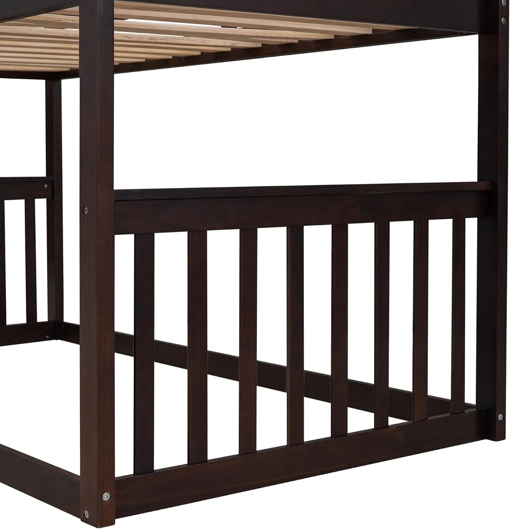 Espresso Wood House Bed with Ladder and Guard Rail D6880
