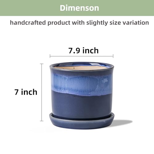 8 Inch Ceramic Planter Pot with Drainage Hole & Saucer Blue Reactive Glaze X933640