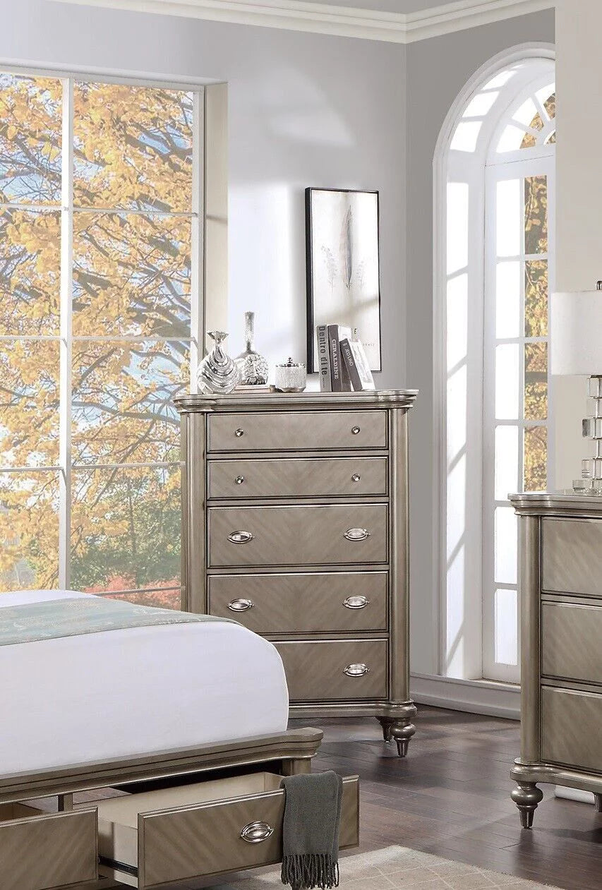 King Size Bed with Storage Drawers Dresser Mirror Nightstands Chest Grey Wooden V8873