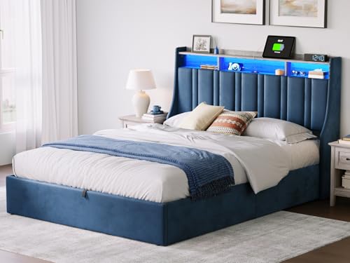 Dark Grey Queen Size Upholstered Storage Bed Frame with LED Lights F820106