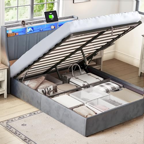 Dark Grey Queen Size Upholstered Storage Bed Frame with LED Lights F820106