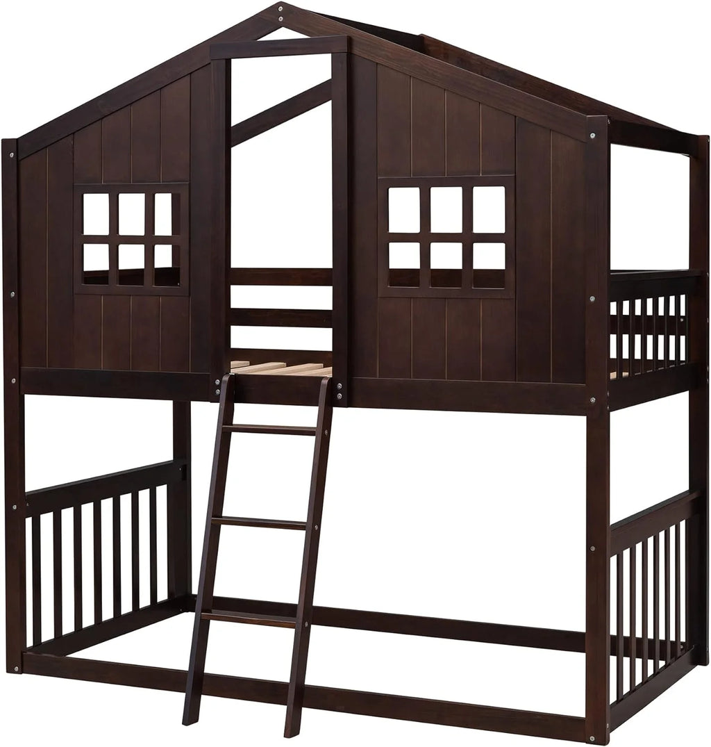 Espresso Wood House Bed with Ladder and Guard Rail D6880