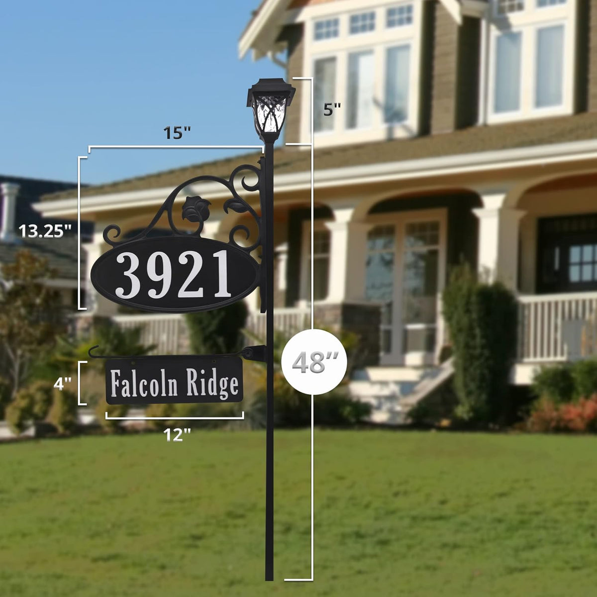 Handcrafted Oval Reflective Home Address Sign with Name Rider and Solar Light B487