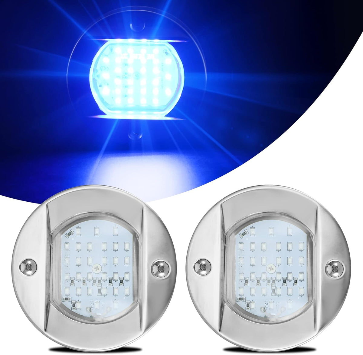 4 Round Marine Courtesy Indicator Lights, 1800LM 30LED IP68 Boat Transom Light Surface Mount Waterproof, 316 Stainless Steel, 2Pcs Cool White I651904