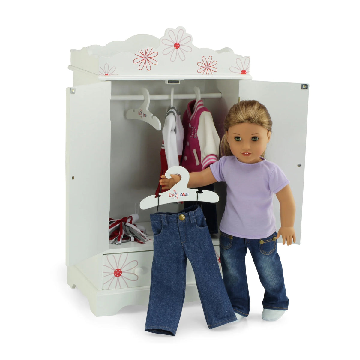18 Inch Doll Clothes Storage Closet Armoire with 3 Notched Doll Clothes Hangers B4247