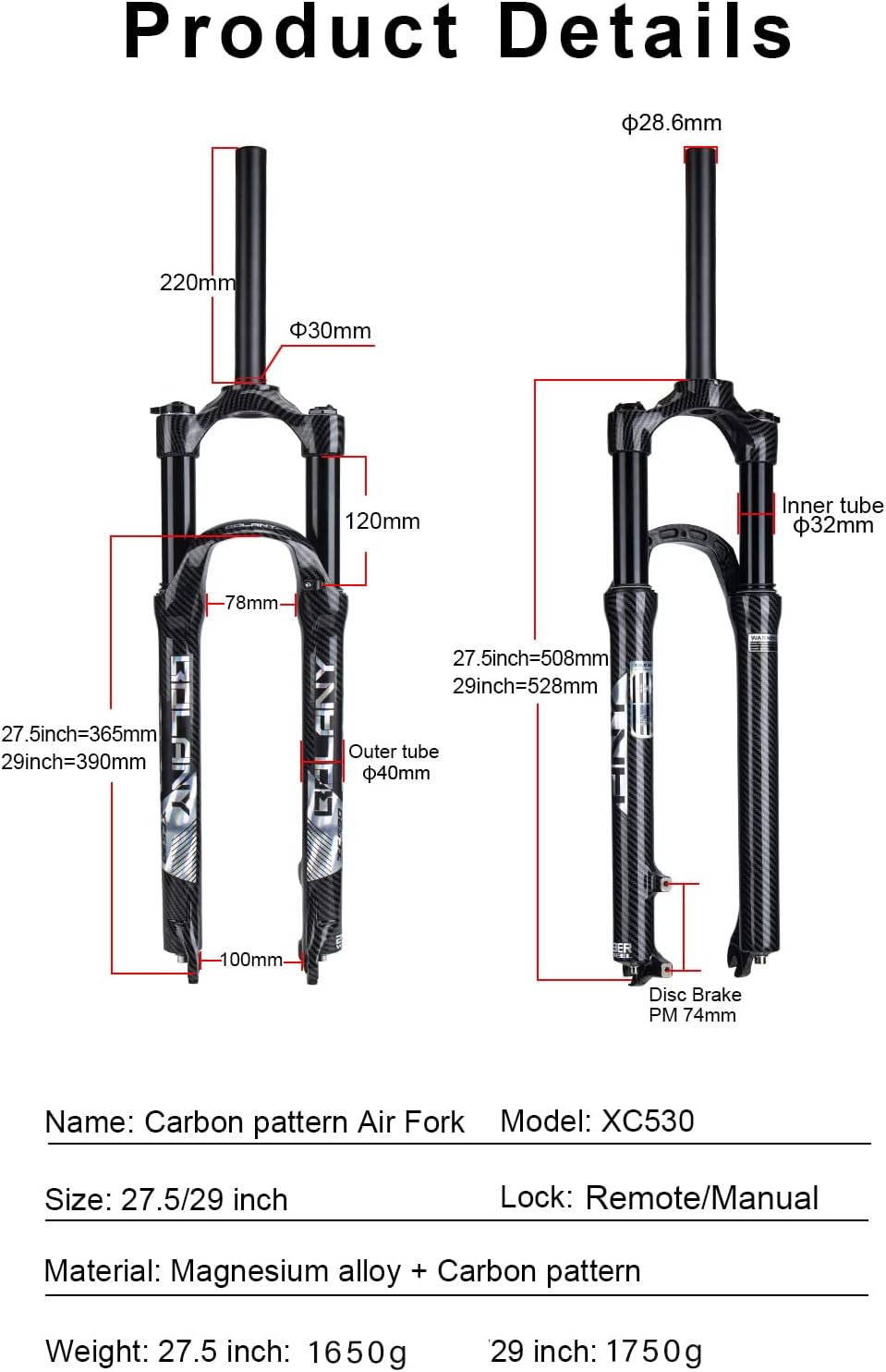 MTB Air Suspension Fork 27.5/29inch Magnesium Alloy Disc Brake J523
