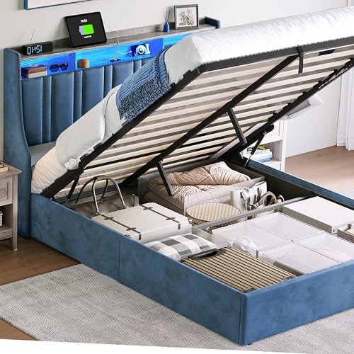 Dark Grey Queen Size Upholstered Storage Bed Frame with LED Lights F820106