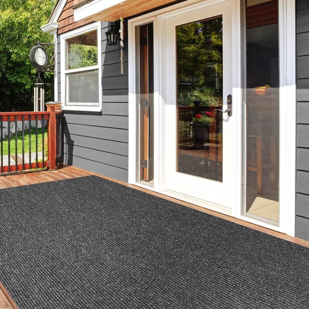Heavy-Duty Ribbed Indoor Outdoor Carpet with Rubber Marine Backing Charcoal Black 6 Feet X 15 Feet J4242