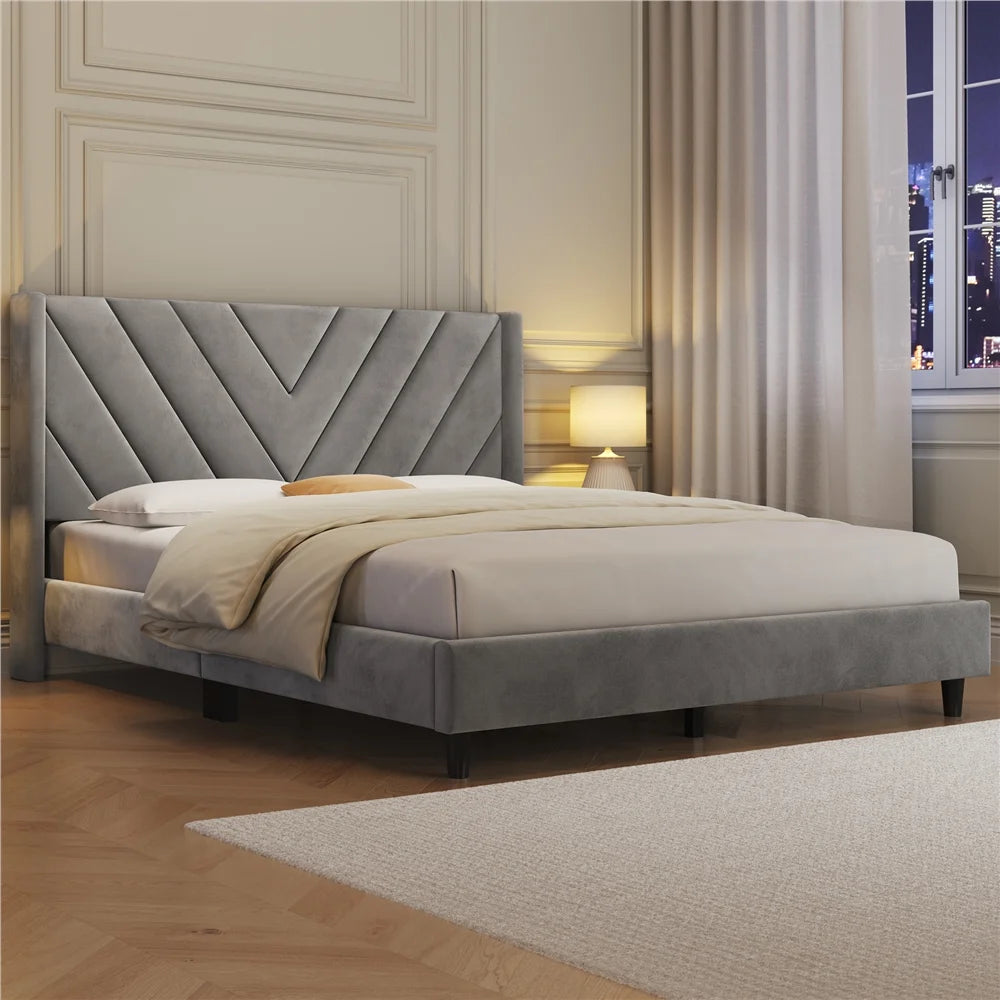 Queen Upholstered Platform Bed Light Gray O6915