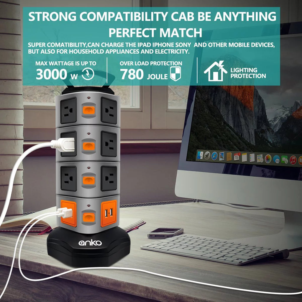 3000W 14 Outlet 4 USB Power Strip Tower T677