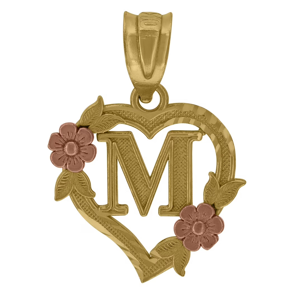 Two Tone Gold Love Heart Flower Initial Letter M Charm Pendant Necklace Z1853