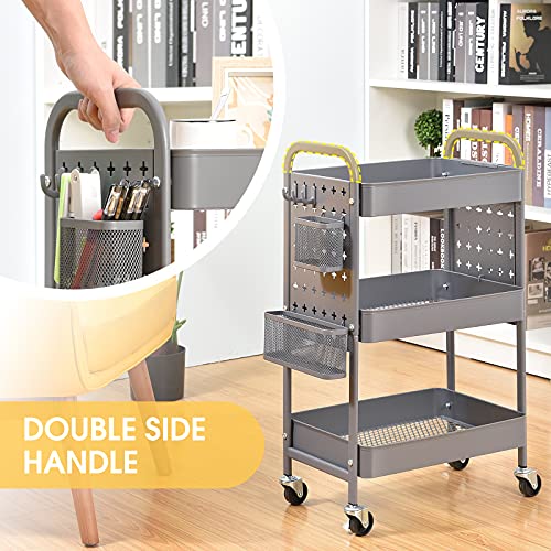 3-Tier Metal Rolling Utility Cart with Pegboards, Pink J129674