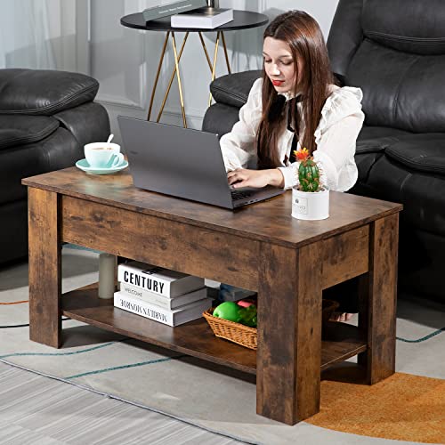 39.4" Lift Top Coffee Table with Hidden Compartment and Storage Shelf Black V55688