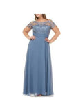 Blue Embroidered Zippered Lace Lined Pleated Floral Short Sleeve Maxi Dress A67717