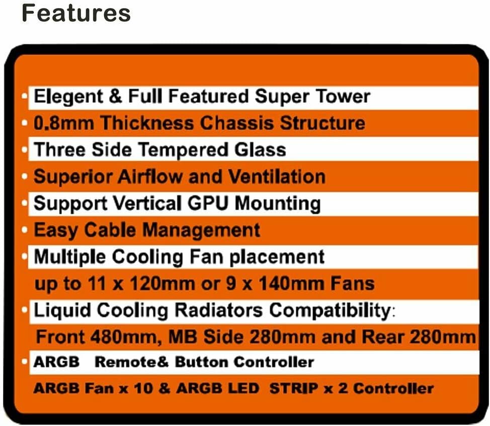 Full-Tower E-ATX Computer Gaming Case with 3-Sided Reinforced Glass, USB 3.0, 6 12cm Fans Q74954