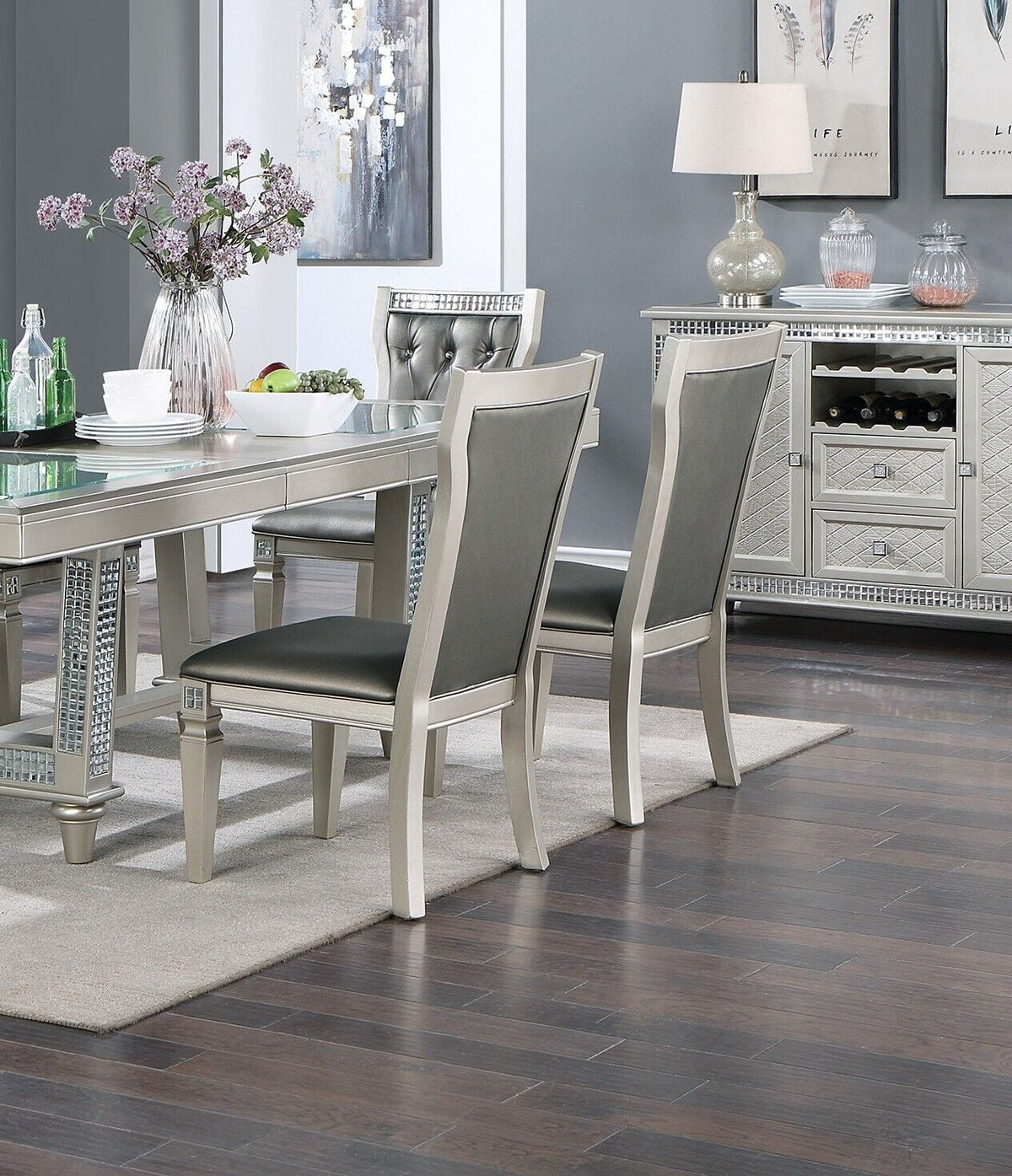 Silver Grey 7pc Dining Table with Glass Insert Top and 6 Side Chairs F811229