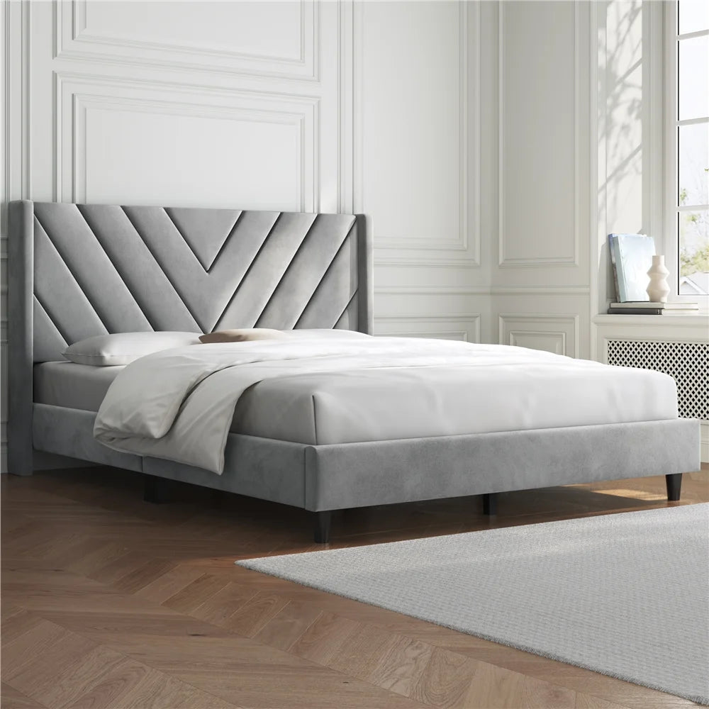Queen Upholstered Platform Bed Light Gray O6915