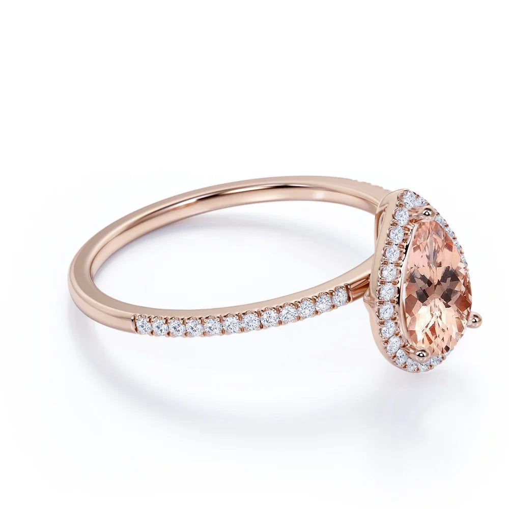 Pear Cut Peach Pink Morganite Halo Engagement Ring in 18k Rose Gold over Silver O605