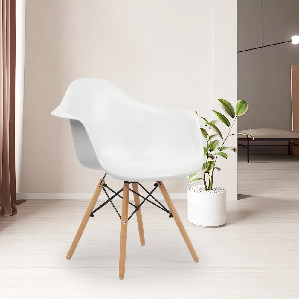 White Plastic Chair with Arms and Wooden Legs, Set of 4 I4032