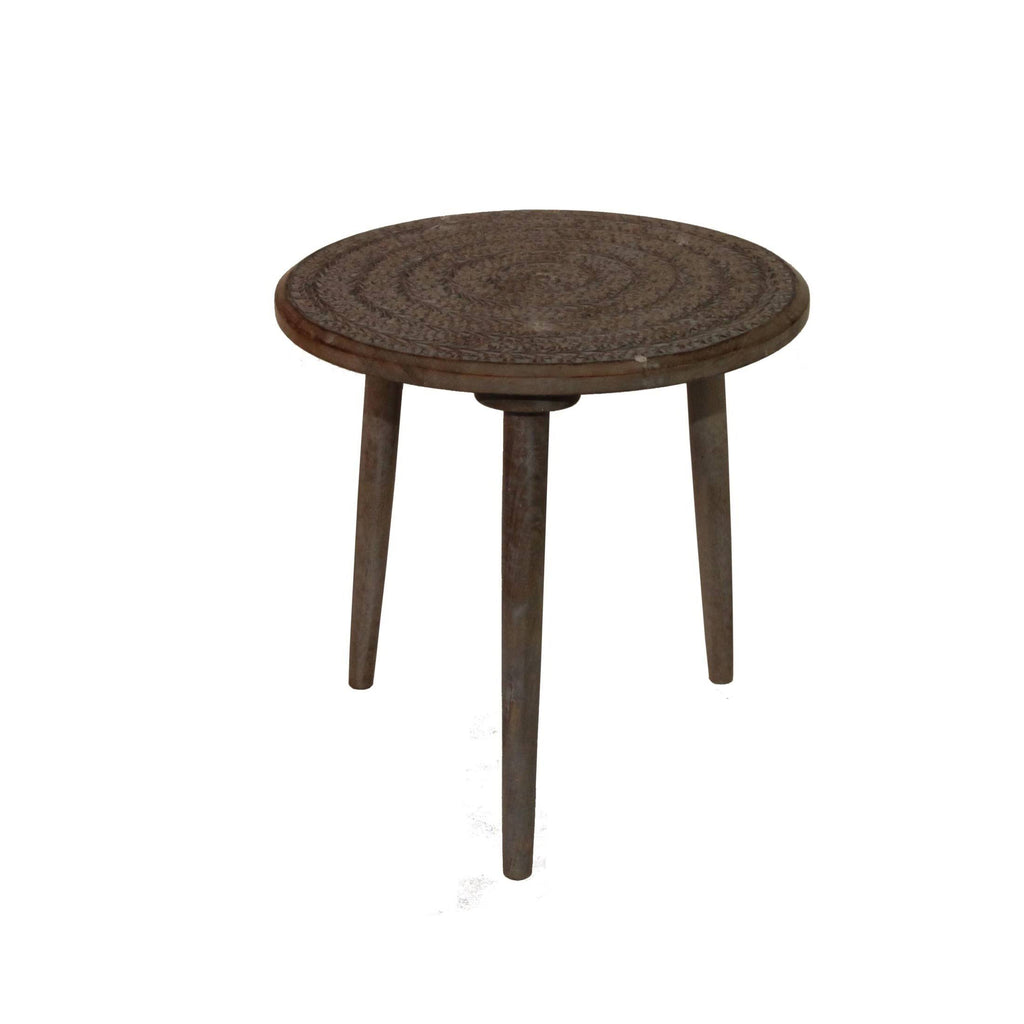 Brown Round Top Wooden Accent Table with Leaf Engraving U70060