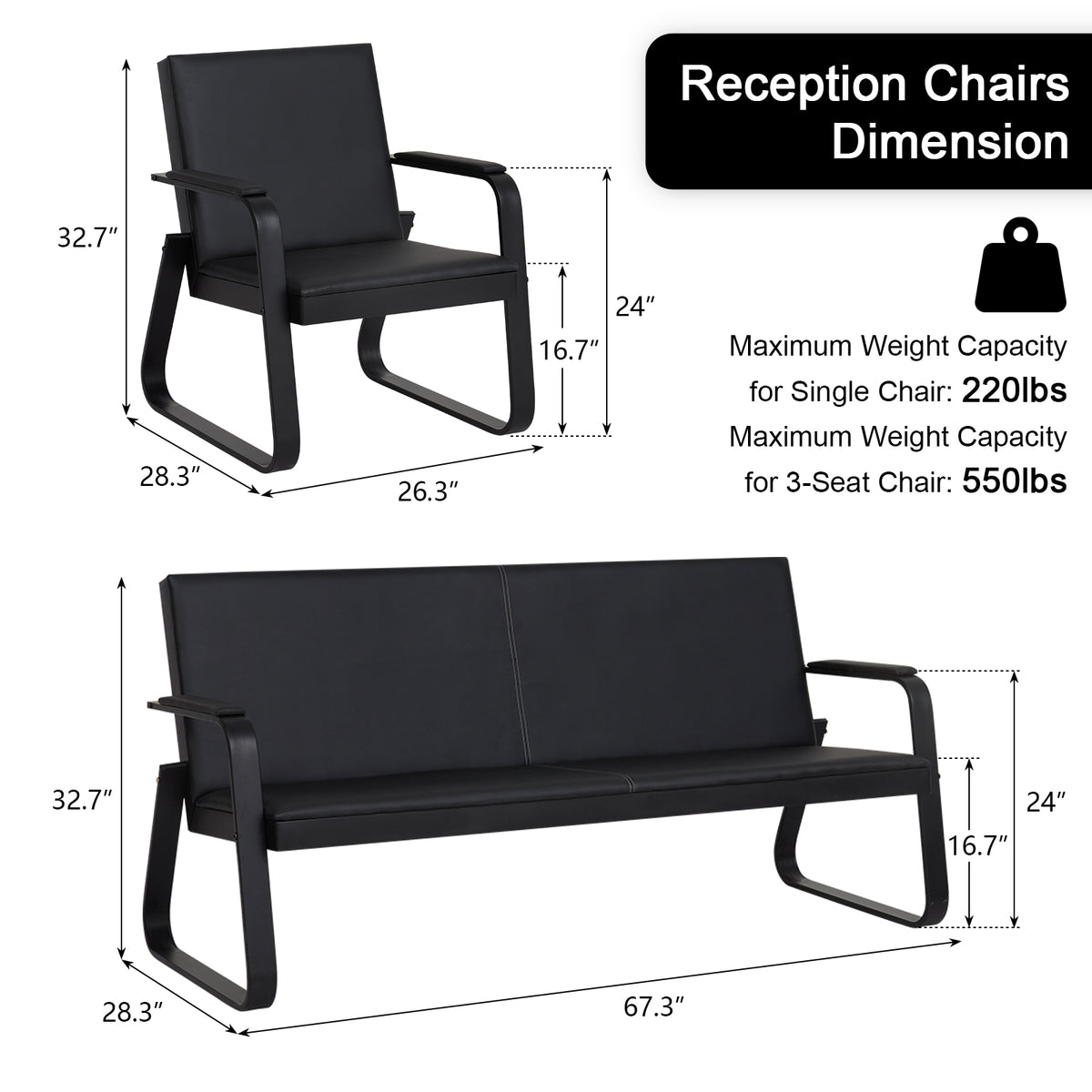 Black Leather Guest Reception Chairs with Steel Frame O939