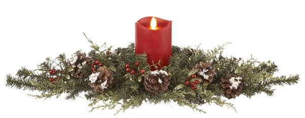 Christmas Mistletoe Table Centerpiece with LED Red Candle (24x22 Spray) W779612