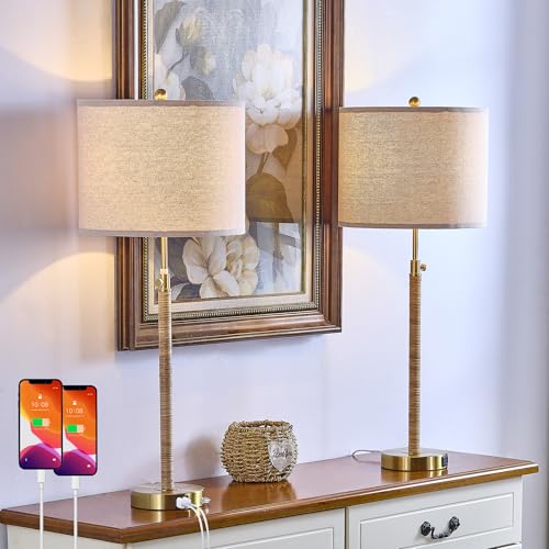 Rattan Buffet Table Lamp Set of 2 Adjustable with USB Ports R535749