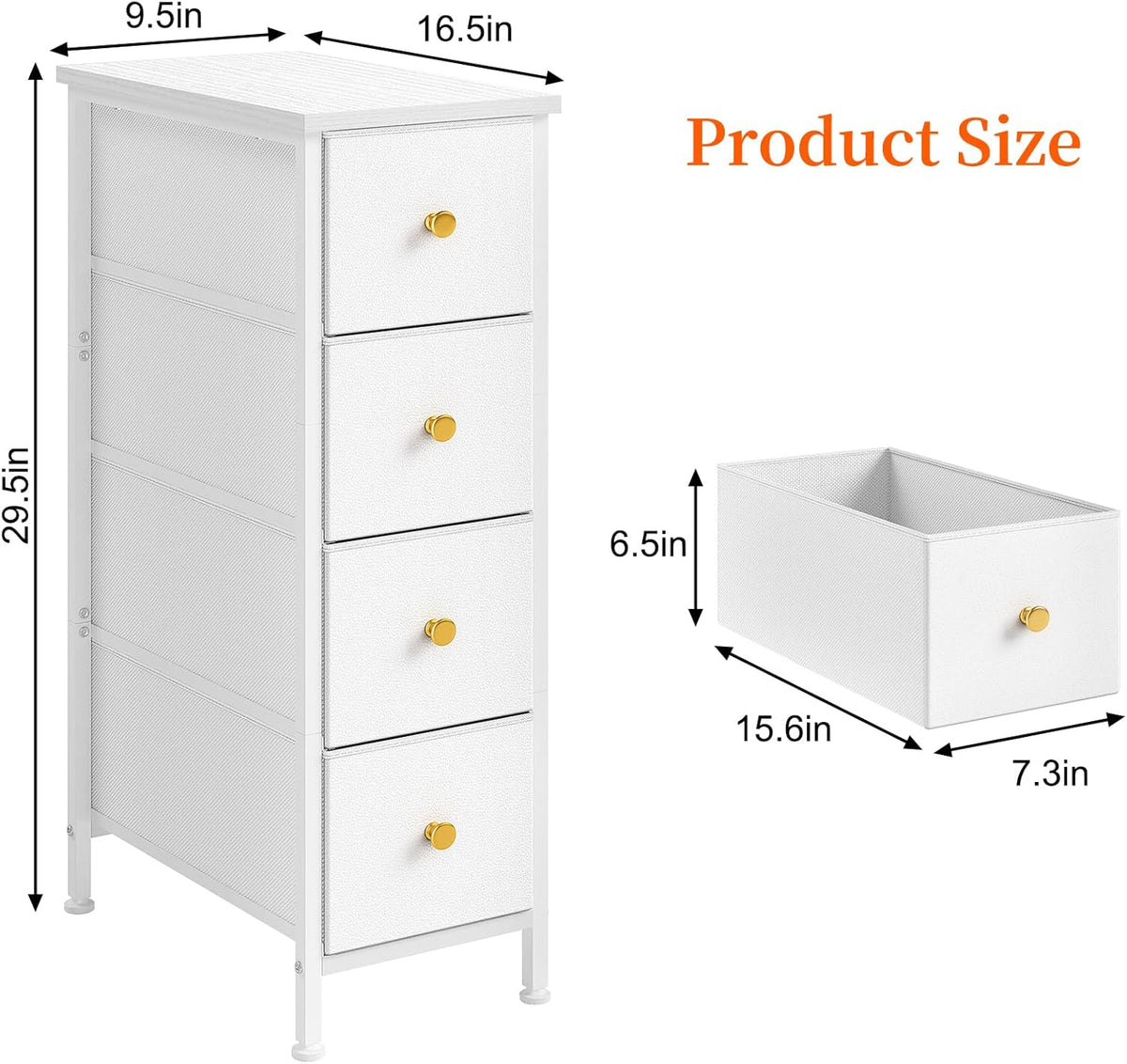 White 4 Drawer Slim Fabric Dresser with Steel Frame and Wood Top I920524