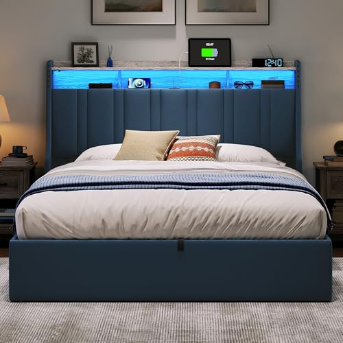 Dark Grey Queen Size Upholstered Storage Bed Frame with LED Lights F820106