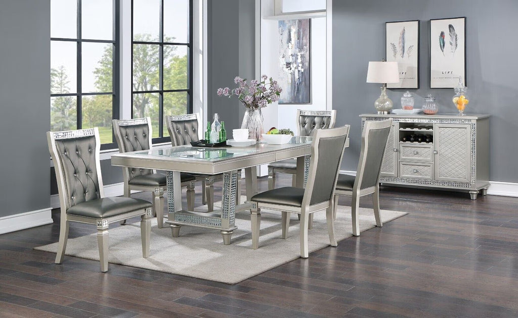 Silver Grey 7pc Dining Table with Glass Insert Top and 6 Side Chairs F811229