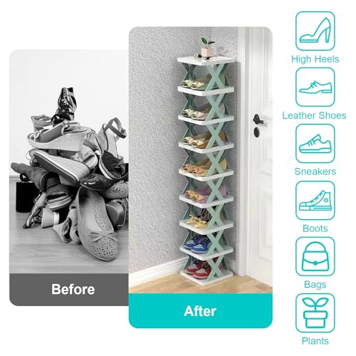 Green Plastic 9 Tier Narrow Shoe Rack J4022