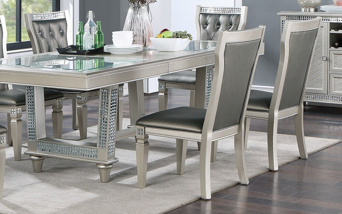 Silver Grey 7pc Dining Table with Glass Insert Top and 6 Side Chairs F811229