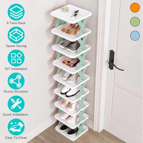 Green Plastic 9 Tier Narrow Shoe Rack J4022