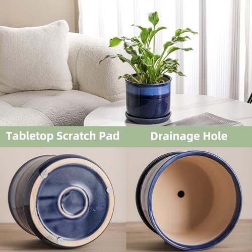 8 Inch Ceramic Planter Pot with Drainage Hole & Saucer Blue Reactive Glaze X933640