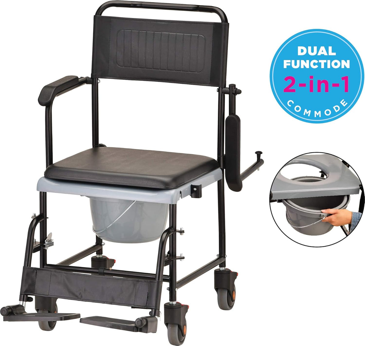 Hammertone Transport Chair Commode with Locking Wheels and Removable Padded Seat B598707
