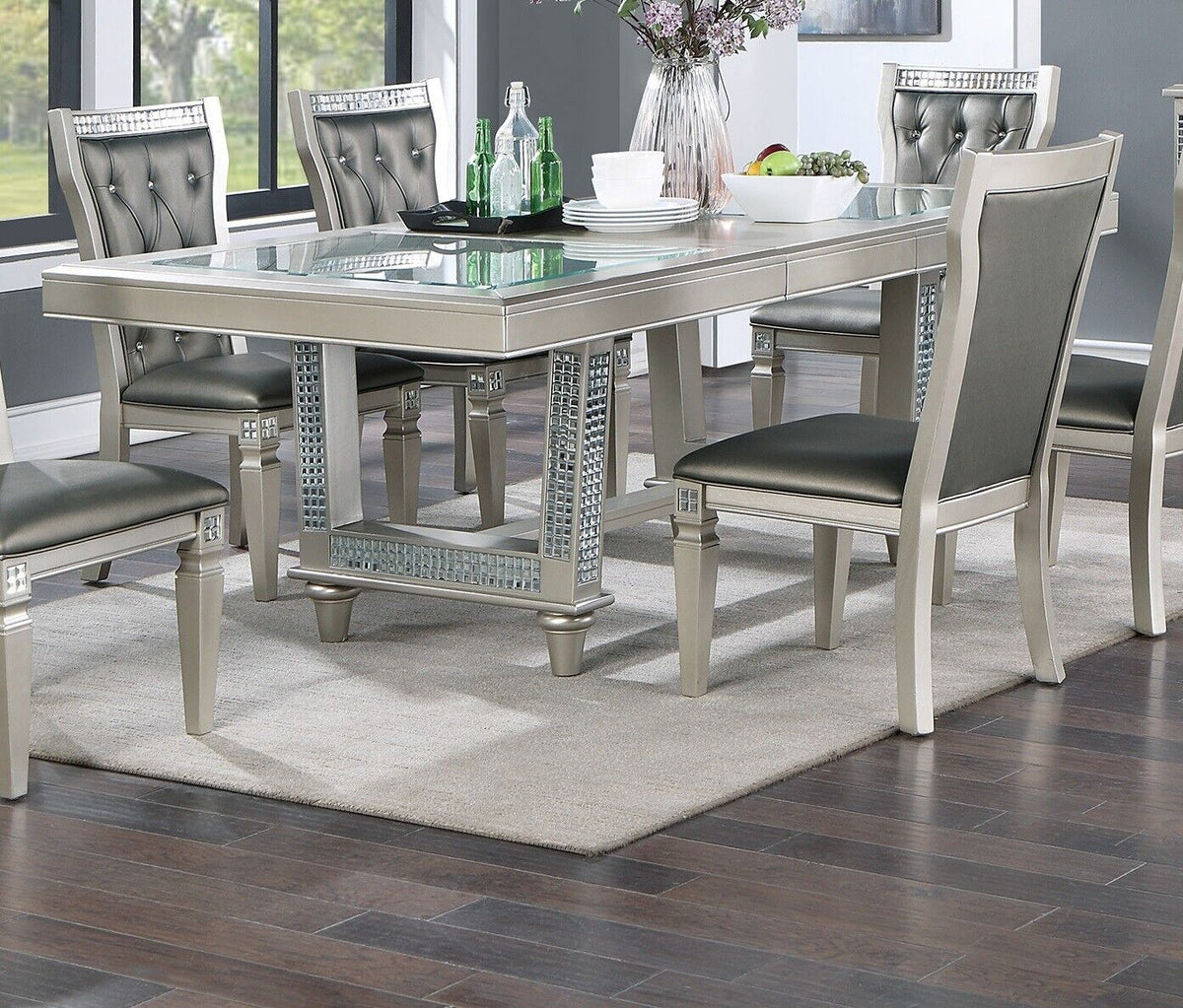 Silver Grey 7pc Dining Table with Glass Insert Top and 6 Side Chairs F811229