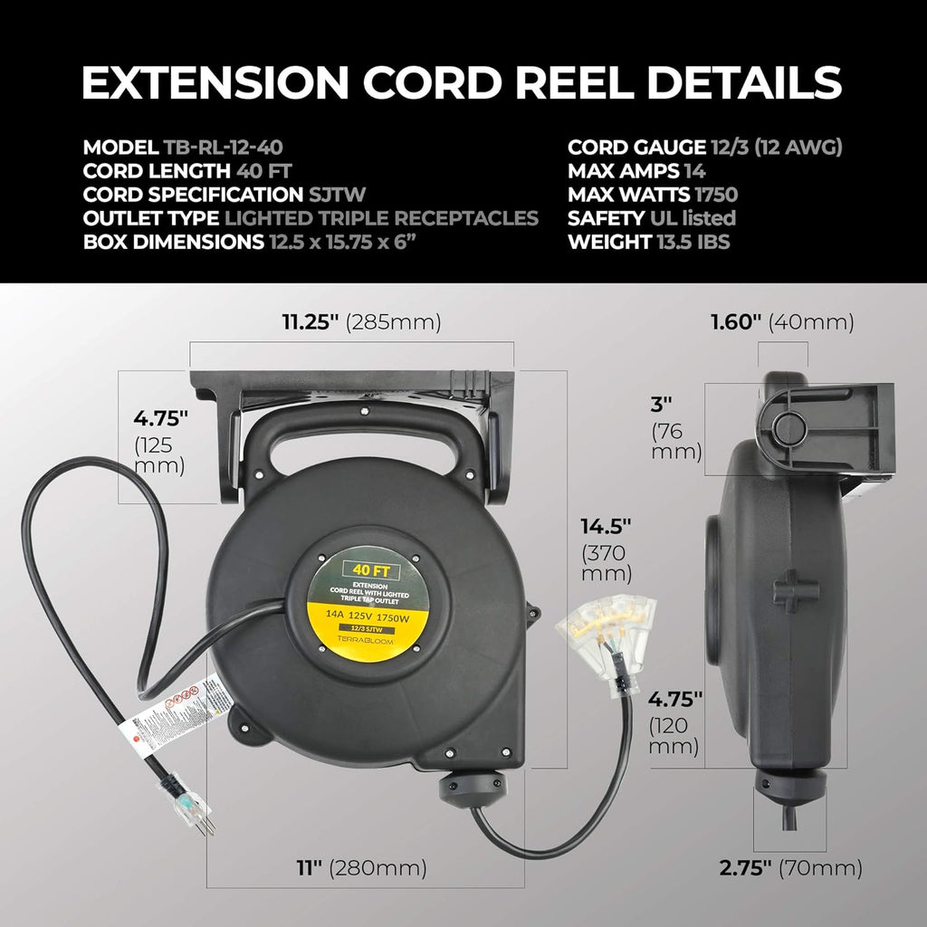 40 Ft 12/3 Retractable Extension Cord Reel with 3 Outlets L99985