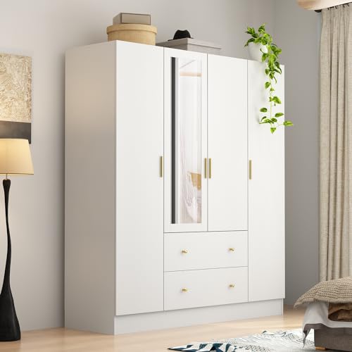 Black Brown 4-Door Armoire with Mirror, 2 Drawers, 2 Hanging Bars & 7 Shelves P12237